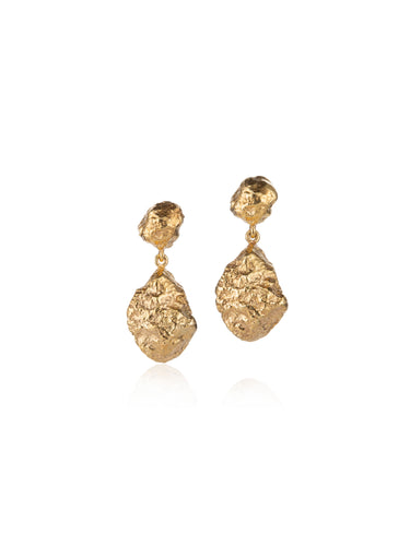 Yellow gold Rough Drop Earrings secured with butterfly backs.