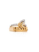 Load image into Gallery viewer, Yellow and White Gold Bee Stacker Ring sitting on top of the Queen Signet Ring
