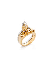 Load image into Gallery viewer, Yellow Gold Queen Stacker and Yellow and white Gold Bee Stacker with Diamonds shown side by side.