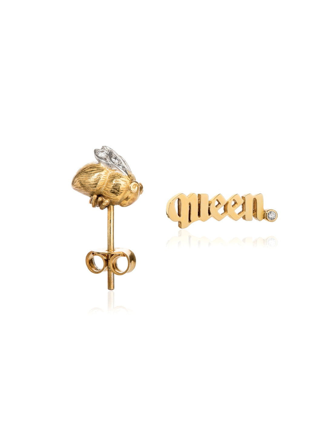 Yellow and White Gold Queen and Bee Studs with White Diamonds
