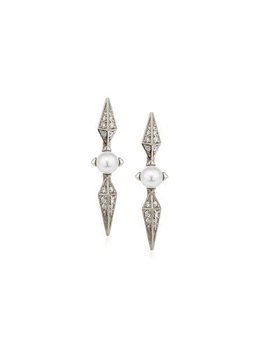 White Gold Pearl Spike Earrings with White Diamonds