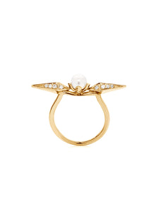 Yellow Gold Pearl Spike Ring with White Diamonds