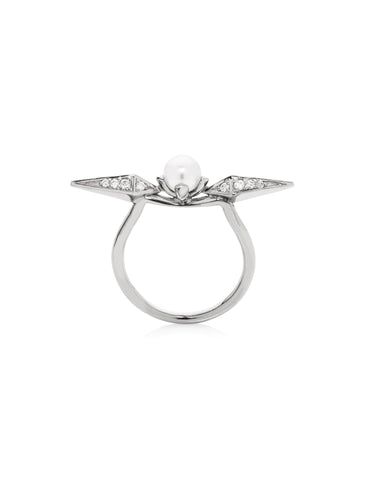 White Gold Pearl Spike Ring with White Diamonds